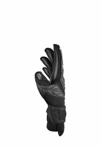 Gant de gardien de but noir avec paume en latex texturé, design de doigts rembourrés, strap de poignet ajustable et couture renforcée.