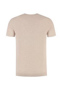 Beige short-sleeve t-shirt, knitted texture, round neckline, minimal design, featuring a smooth finish without additional accents or patterns.