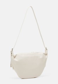 White vegan leather shoulder bag with a curved shape, adjustable strap, and a zippered closure. Smooth texture, minimalist design.