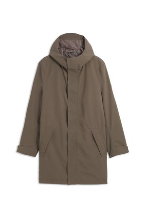 Imperméable marron mi-long avec capuche, manches longues, fermeture éclair frontale dissimulée et poches avant biaisées sur fond blanc.