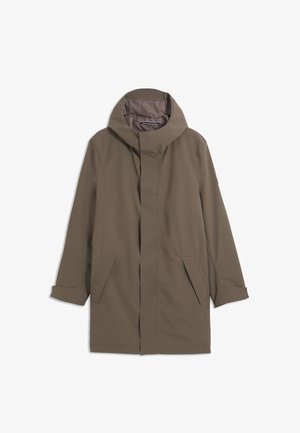 Imperméable marron mi-long avec capuche, manches longues, fermeture éclair frontale dissimulée et poches avant biaisées sur fond blanc.