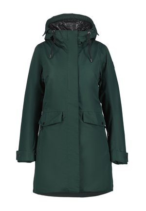Dark green hooded winter coat with front flap pockets, adjustable cuffs, and drawstring hood.