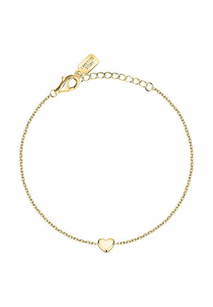Delicate gold chain bracelet with small heart charm in the center and a lobster clasp with a tag labeled "LAPETITE STORY."