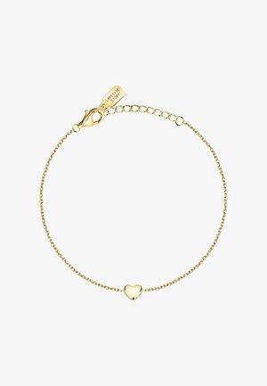 Bracelet délicat en chaîne d'or avec un petit pendentif en forme de cœur au centre et un fermoir mousqueton avec une étiquette portant la mention "LAPETITE STORY."