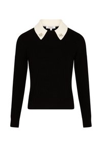 Suéter negro de manga larga, con un cuerpo texturizado y un cuello blanco adornado con acentos decorativos de joyas. Corte clásico y entallado.