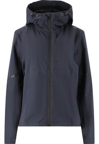 Marineblauwe waterdichte jas met verstelbare capuchon, voorrits, zijzakken en reflecterende accenten op de mouwen voor betere zichtbaarheid.