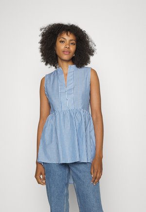 ONLANNA HIGH LOW - Top - cloud dancer stripes/medium denim blue