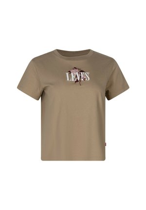 Khaki bawełnawa koszulka z luźnym krojem, krótkimi rękawami i nadrukowanym logo "LEVI'S" z różowymi akcentami na przodzie.