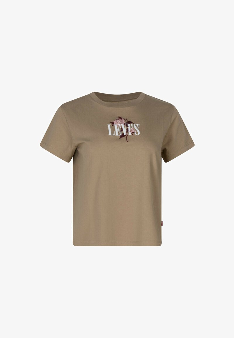 Camiseta de algodón color caqui con un corte relajado, mangas cortas y un logotipo impreso de "LEVI'S" con acentos de rosa en el frente.