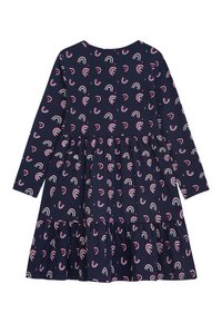 Marineblaues Langarmkleid mit Regenbogenmustern, gestuftem Rüschensaum und weichem Baumwollmaterial. Verfügt über einen runden Ausschnitt und elastische Bündchen.