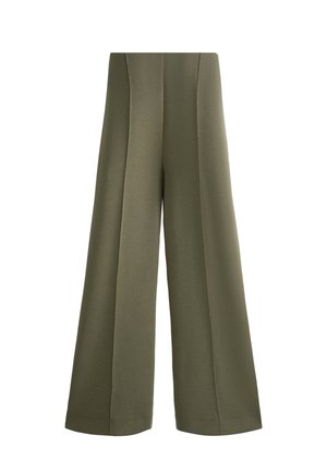 Olivově zelené kalhoty širokého střihu vyrobené z měkkého materiálu s vertikálními švy. Vyznačují se vysokým pasem a upravenými okraji pro čistý vzhled.