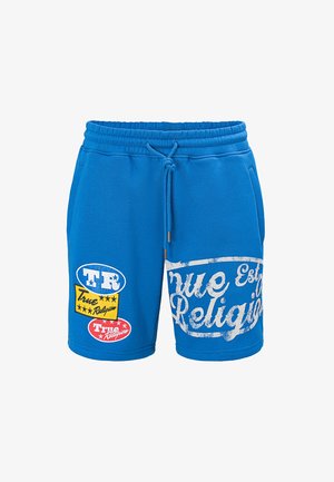 Niebieskie casualowe szorty z elastycznym paskiem i sznurkiem, z białymi i wielokolorowymi nadrukami logo "True Religion" z przodu.