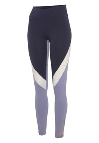 Leggings in navy, lavender, and white with a geometric color block design. Made of stretchy fabric with a high waist and ankle cutouts.