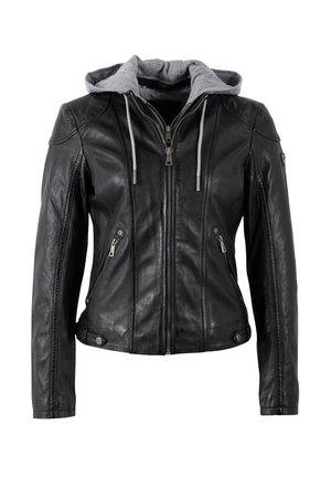 Black leather jacket with a gray hood. Features zippered pockets, lined interior, and contrast stitching. Front zipper closure.