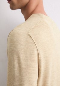 Pull en tricot beige avec un col rond, texture lisse et manches raglan. Design minimaliste avec un éclat subtil et un tissu doux.