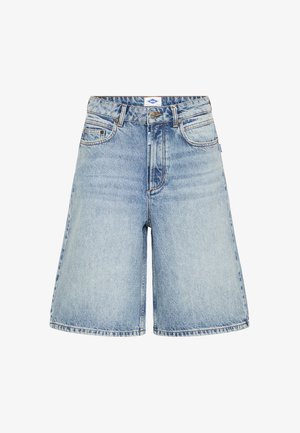 Light blue denim shorts with a wide leg design, featuring five pockets, stitched seams, and a button closure at the waist.