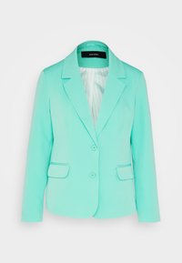 Mintgrön damblazer med två knappar, slagkragar, fickor med flik och ljusrandig innerfoder, uppställd mot vit bakgrund.