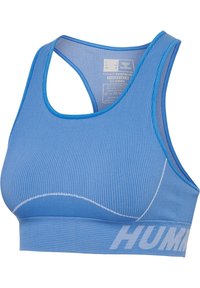 Ljusblå sportbh med ribbstruktur, racerback-design och kontrasterande vit logotyp på bandet. Tillverkad av syntetiska material.