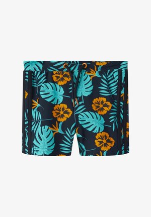 Marine zwemshorts met een tropische print van turquoise bladeren en oranje bloemen, elastische tailleband met trekkoord en zijzakken.