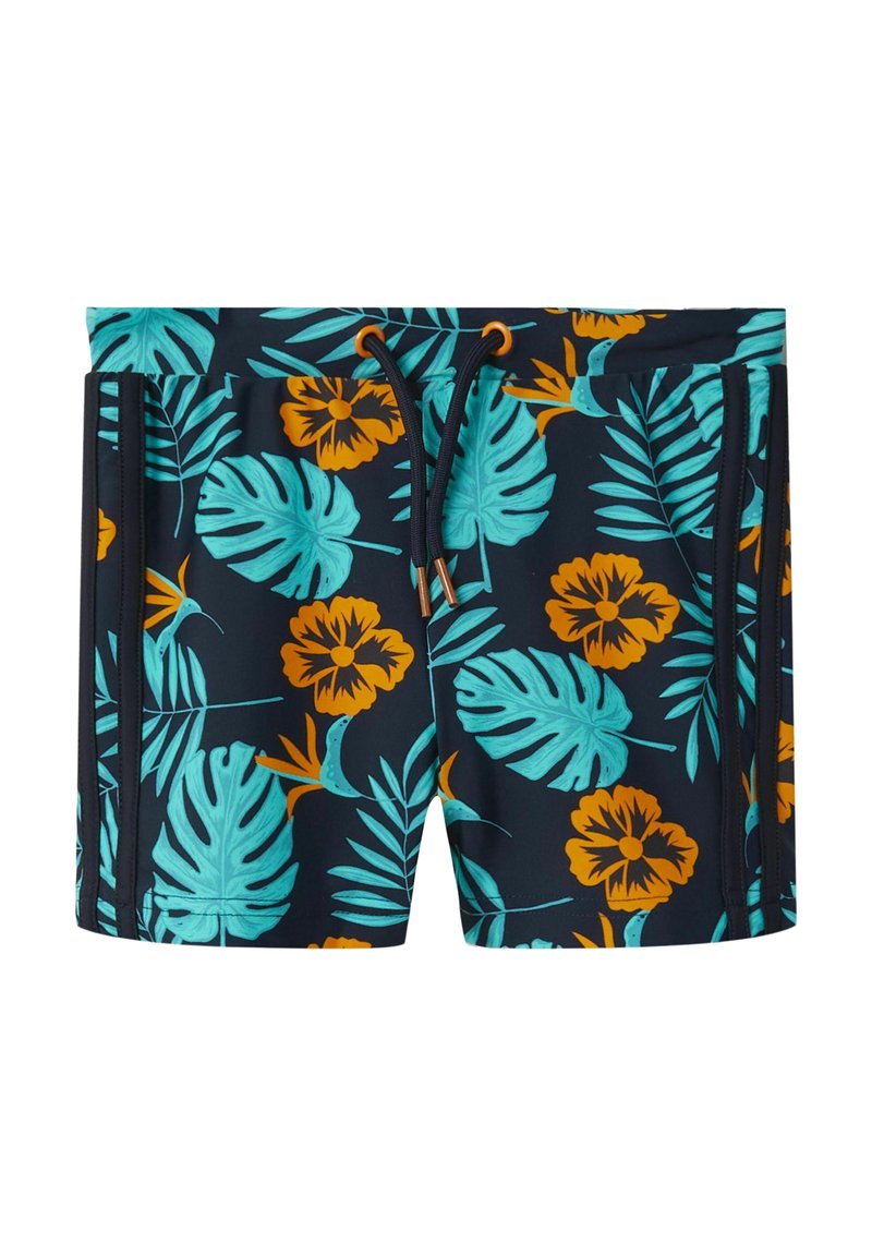 Bañadores de color navy con un estampado tropical que presenta hojas en tonos verde azulado y flores naranjas. Cintura elástica con cordón y bolsillos laterales.