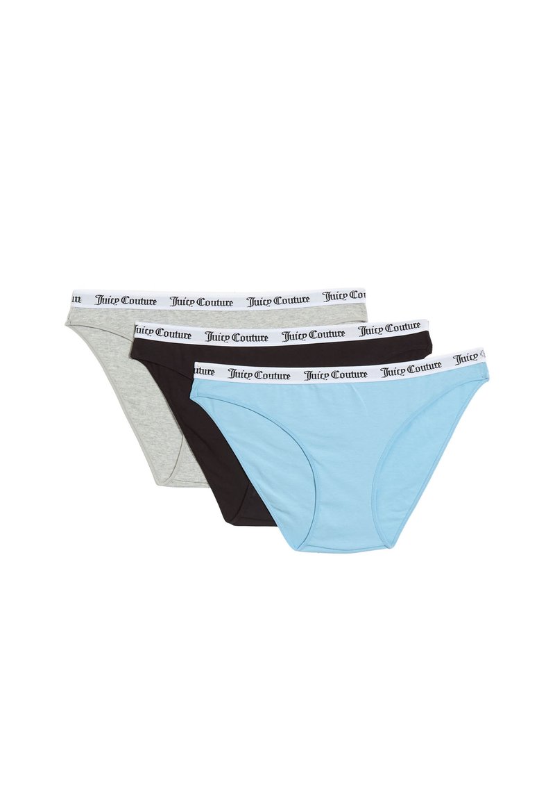 Tre paia di slip da donna in cotone di colore azzurro chiaro, grigio e nero, con una fascia elastica decorata con il marchio "Juicy Couture".