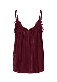 Caraco en satin bordeaux sans manches avec bordure en dentelle et fines bretelles réglables, tissu plissé sous l'encolure.