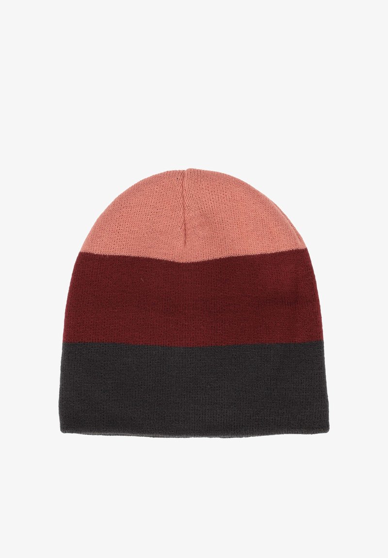 Berretto di lana con design a gradiente, caratterizzato da bande di rosa chiaro, bordeaux e grigio scuro. Texture morbida, cima arrotondata e bordo a coste.