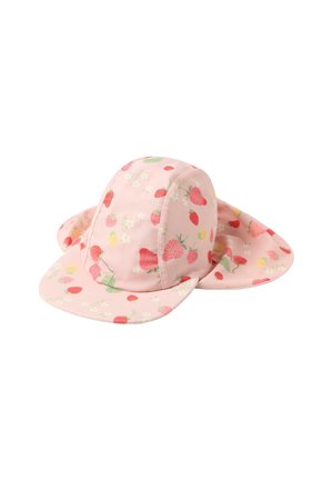 Vaaleanpunainen kangaslakki, jossa on mansikka- ja kukkakuosi. Muotoilu on pyöristetty ja siinä on leveä, litteä lippa. Kevyt materiaali, jossa on sileä rakenne.