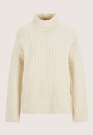 Cremfarbener Kabelstrick-Turtleneck-Pullover mit langen Ärmeln und gerippten Bündchen und Saum auf einem neutralen Hintergrund.