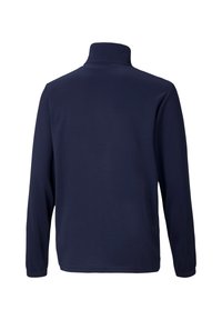Pullover in fleece blu navy a maniche lunghe con colletto alto e texture liscia. Design semplice, senza motivi o accessori visibili.