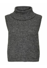 Gilet sans manches en tricot gris foncé avec un col roulé haut et plié et un ourlet côtelé.