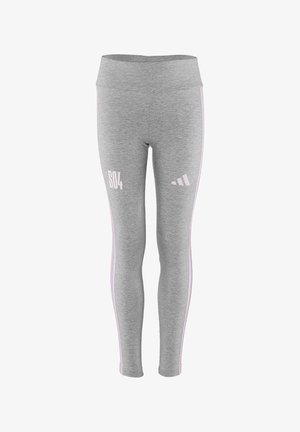 Lichtgrijze sportlegging met lichtroze zijstrepen, hoge tailleband en witte bedrukte logo's op de voorkant van de dijen.