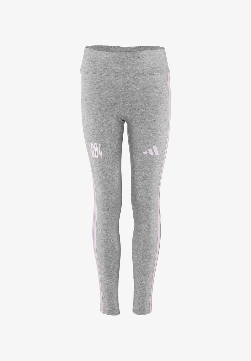 Leggings de sport gris clair avec des bandes latérales rose clair, une taille haute et des logos blancs imprimés sur l'avant des cuisses.