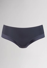 Tmavě modré dámské kalhotky s hladkou, elastickou texturou, se kontrastním pasem a elegantním, minimalistickým designem.