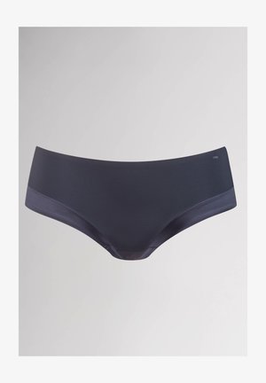 Ciemnoniebieskie damskie figi o gładkiej, elastycznej fakturze, z kontrastującym pasem oraz eleganckim, minimalistycznym designem.