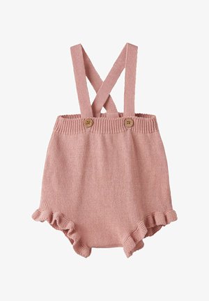 Rožinis megztas kūdikio smėlinukas su raukiniais kojų kraštuose ir kryžminiais petnešomis, pritvirtintomis dviem mediniais mygtukais.