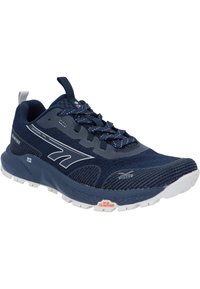 Marine trailhardloopschoen met ademend mesh bovenwerk, gestructureerde accenten, grijze details, gevoerde kraag, veters en duurzame witte rubberen buitenzool.