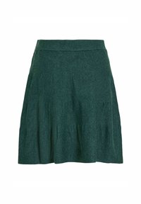 Fustă tricotată verde cu un talie ajustată, tiv evazat și o textura subtilă. Dispune de plisseturi delicate pe secțiunea inferioară.