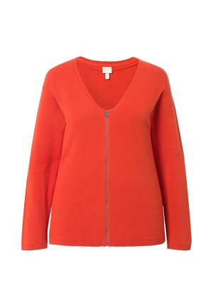Červený pletený cardigan s dlouhými rukávy, výstřihem do V a předním zipem. Má hladkou strukturu a žebrované detaily na límci a lemu.