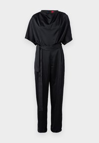 Svart sateng jumpsuit med korte ermer, drapert halsutringning og belte med egen knytning i livet, med rette ben og glidelås bak.