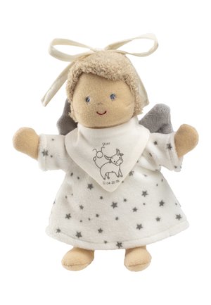 Soft fabric angel doll with a beige face, gray wings, and a white dress featuring gray stars. Includes a bib with a cow illustration.