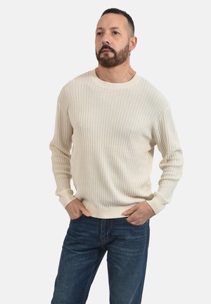 Man met baard draagt een crème ribgebreide lange mouwen trui en blauwe spijkerbroek, staand met handen in de zakken tegen een eenvoudige lichte achtergrond.