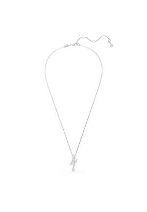 Collana d'argento con design a catena, caratterizzata da un pendente centrale scintillante con numerosi gemmati trasparenti disposti in una forma intrecciata.