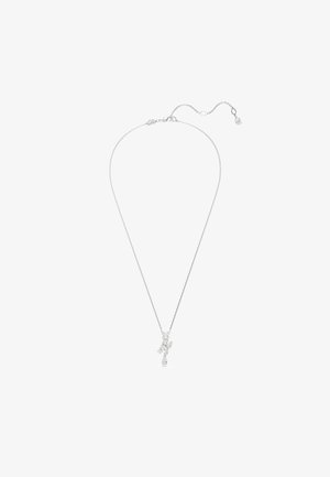Colar de prata com um design de corrente, apresentando um pendente central cintilante com várias pedras preciosas transparentes dispostas em uma forma torcida.