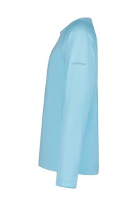 Camicia a maniche lunghe azzurra chiara realizzata in tessuto liscio, con scollatura rotonda e logo sulla manica sinistra. Taglio classico, senza motivi.