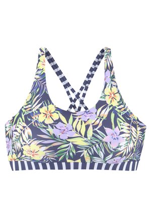 Floral gemusterter Sport-BH mit gekreuzten, gestreiften Trägern und einem gestreiften elastischen Bund unten auf weißem Hintergrund.