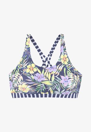 Reggiseno sportivo con motivo floreale, spalline incrociate a righe e banda elastica a righe nella parte inferiore su sfondo bianco.