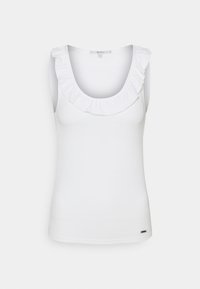 Biała bezrękawnik z okrągłym dekoltem i falbaniastym wykończeniem. Dopasowany krój, wykonany z gładkiego materiału z małym logo przy dolnym brzegu.