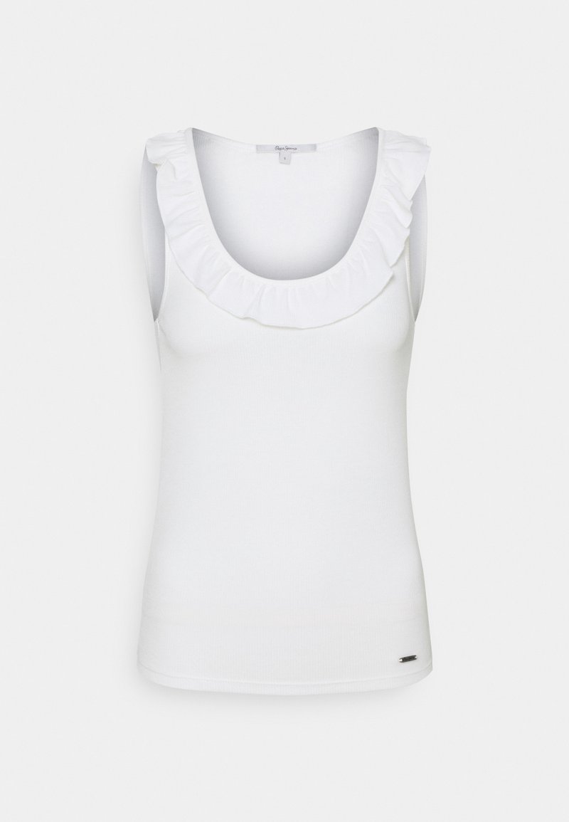 Biała bezrękawnik z okrągłym dekoltem i falbaniastym wykończeniem. Dopasowany krój, wykonany z gładkiego materiału z małym logo przy dolnym brzegu.