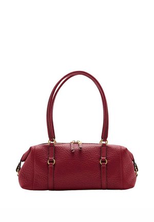 Small rectangular red leather handbag with dual handles, gold hardware, and a top zipper closure.